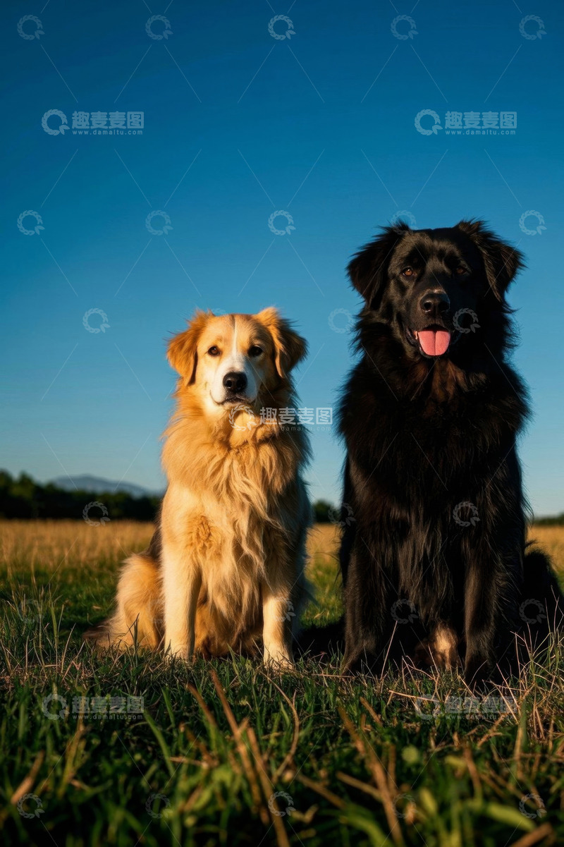 高清大图下载【趣麦麦图】草地上两只坐立的宠物犬
