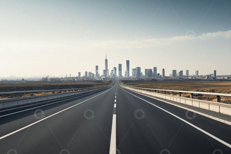 高清大图下载【趣麦麦图】公路尽头的城市天际线景观