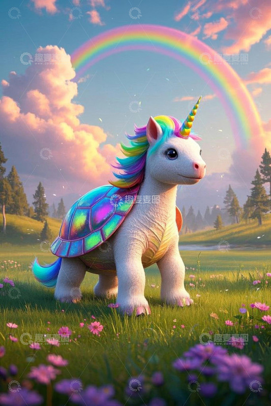 彩虹下的独角兽乌龟奇幻场景