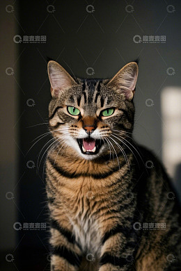 张嘴绿眼条纹猫特写