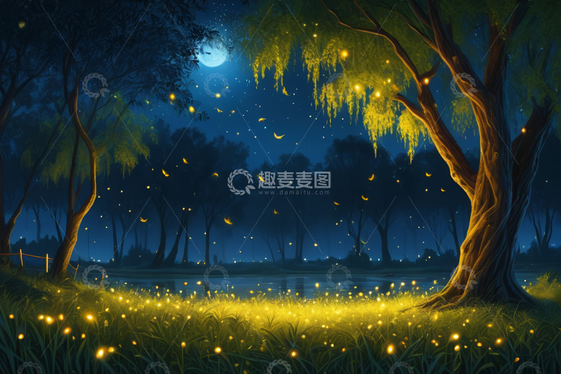 高清大图下载【趣麦麦图】月夜森林中飞舞的萤火虫景观