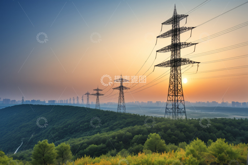 高清大图下载【趣麦麦图】日落时分山林间的输电塔