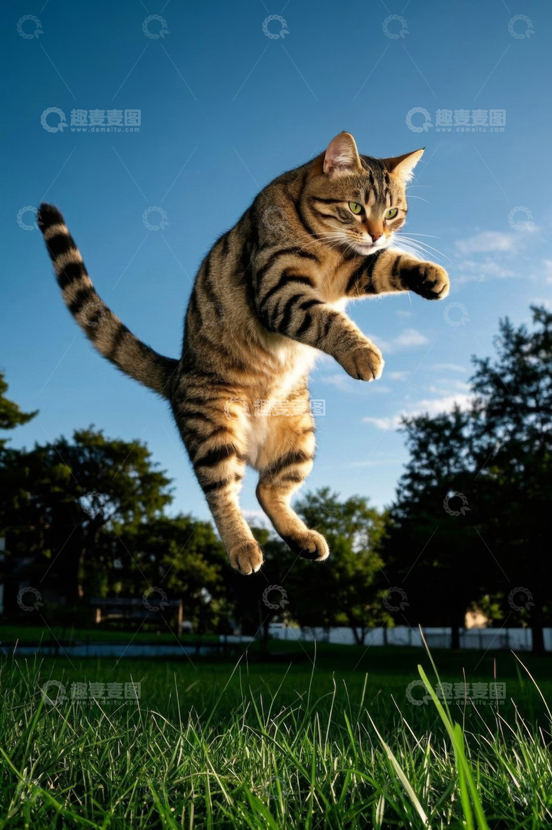 高清大图下载【趣麦麦图】草地上跳跃的虎斑猫