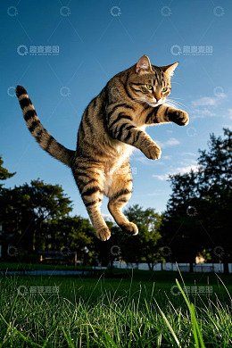 草地上跳跃的虎斑猫
