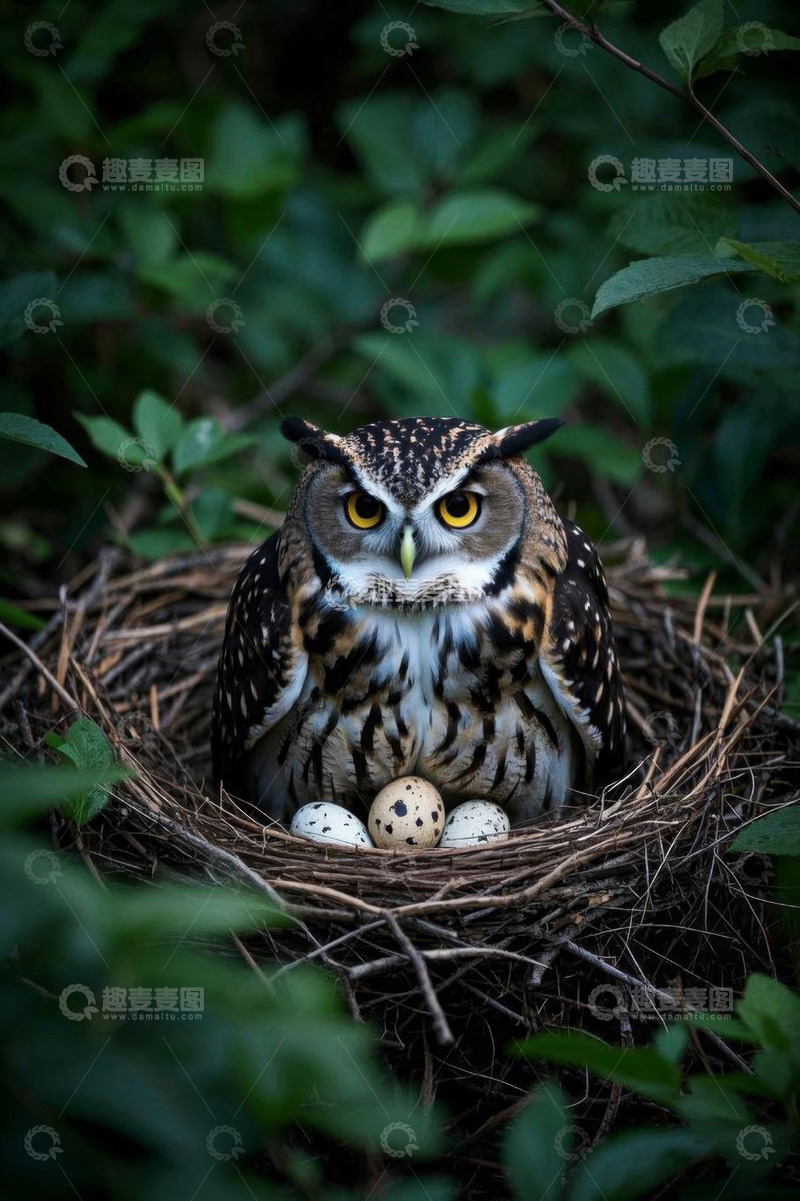 高清大图下载【趣麦麦图】鸟巢中的猫头鹰与鸟蛋