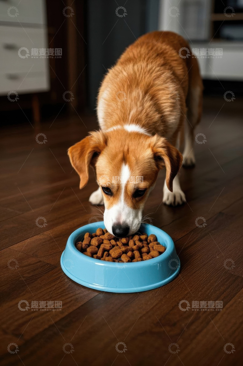 高清大图下载【趣麦麦图】小狗在家中进食狗粮画面