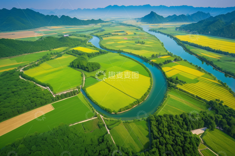 高清大图下载【趣麦麦图】航拍田野河流自然风光