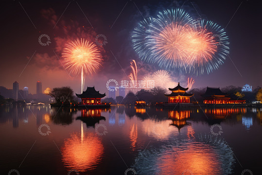 湖畔古建筑夜景烟花绽放