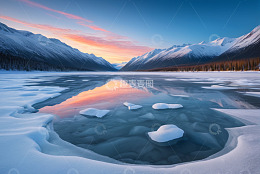 雪山下冰封湖面日出景象
