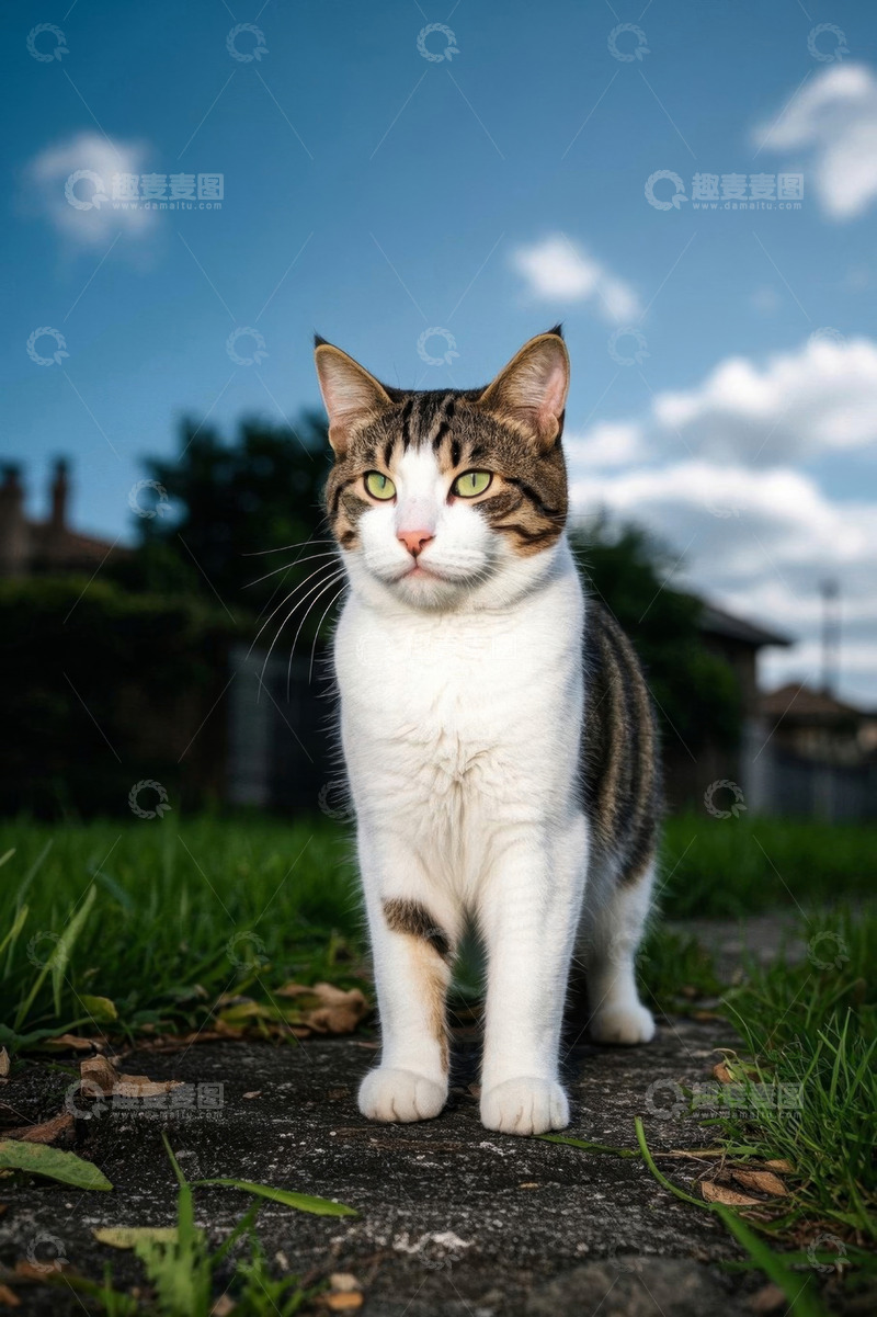 高清大图下载【趣麦麦图】户外草地站立的花猫