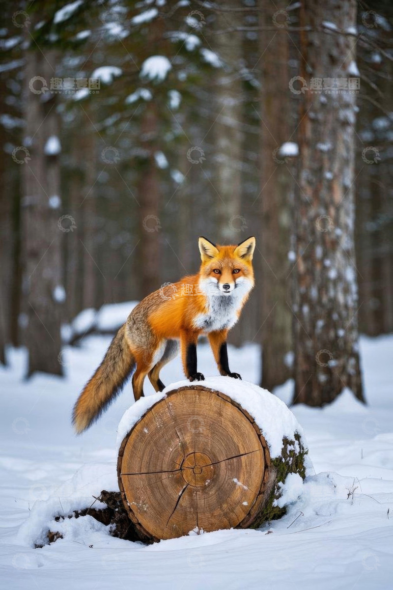 高清大图下载【趣麦麦图】雪地森林中站立在树桩上的狐狸