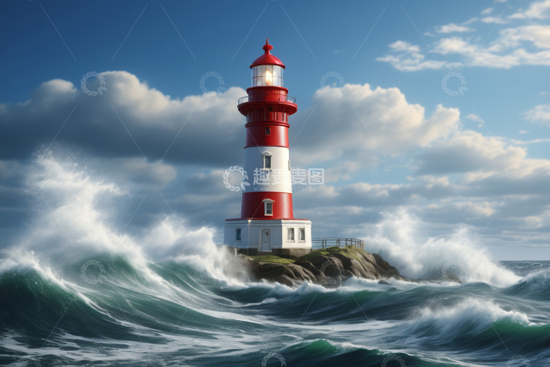 高清大图下载【趣麦麦图】海上红白灯塔与汹涌海浪