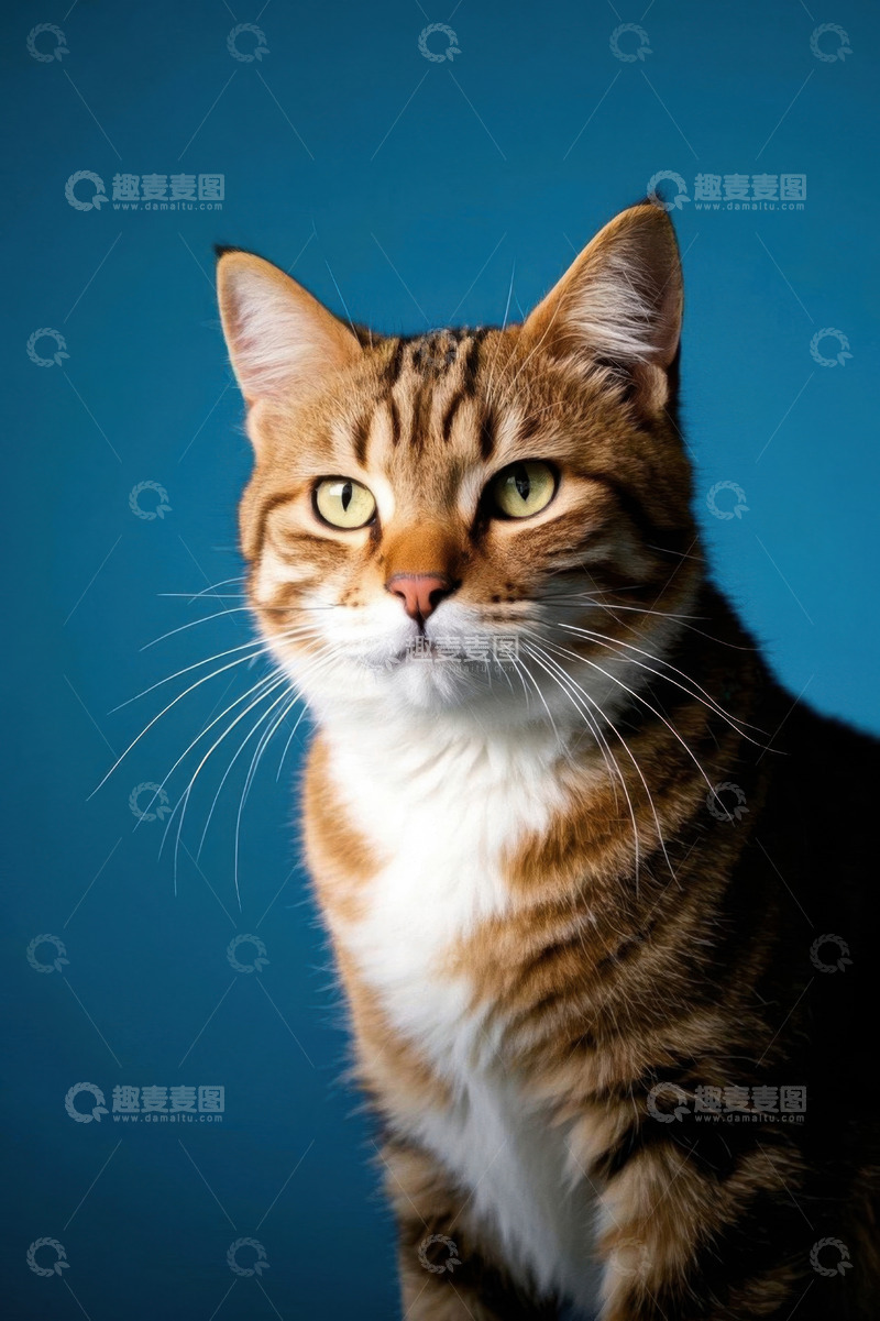 高清大图下载【趣麦麦图】蓝背景前的斑纹猫特写