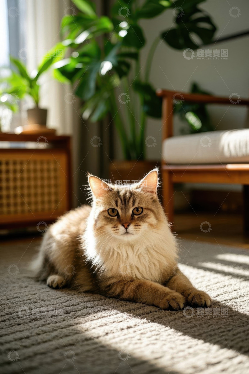 高清大图下载【趣麦麦图】室内地毯上趴着的长毛猫