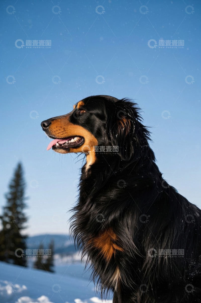 高清大图下载【趣麦麦图】雪地中黑色长毛狗侧头特写