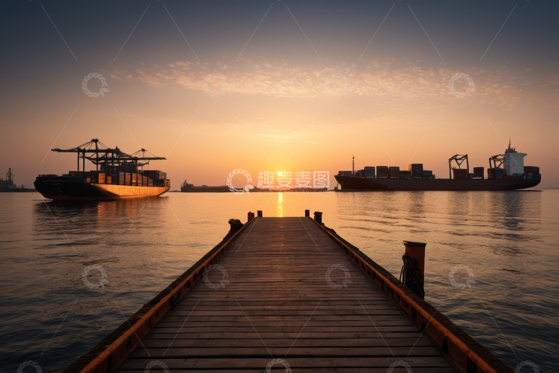 高清大图下载【趣麦麦图】码头日落时的货运船只景象