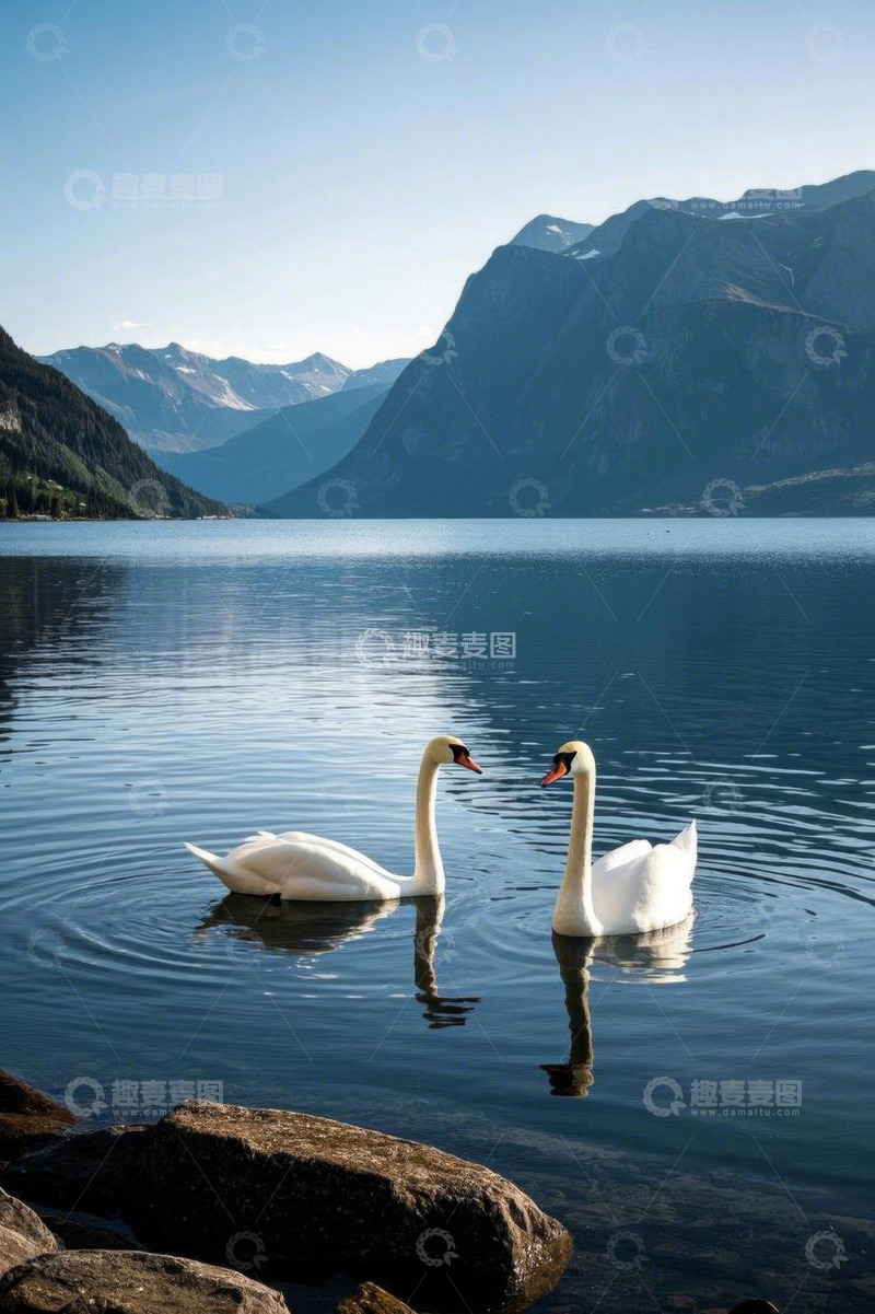 高清大图下载【趣麦麦图】湖面上的双天鹅与山景