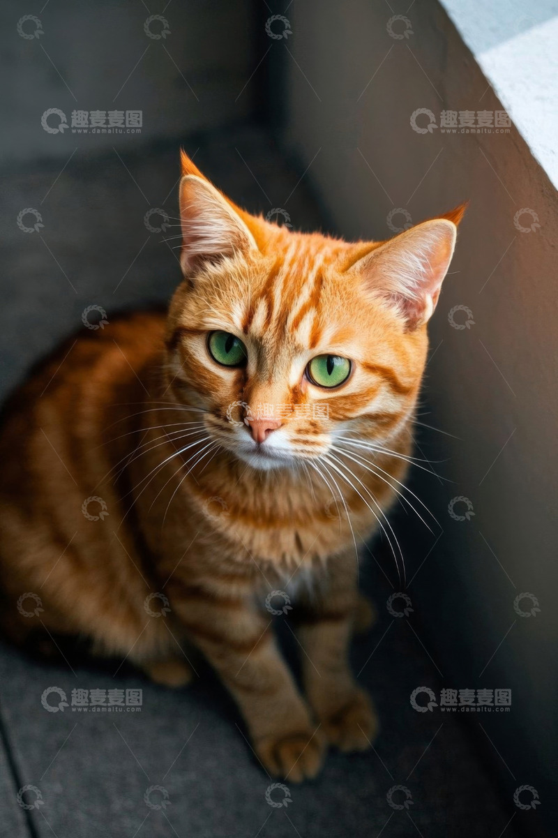 高清大图下载【趣麦麦图】橘色猫咪室内坐姿特写
