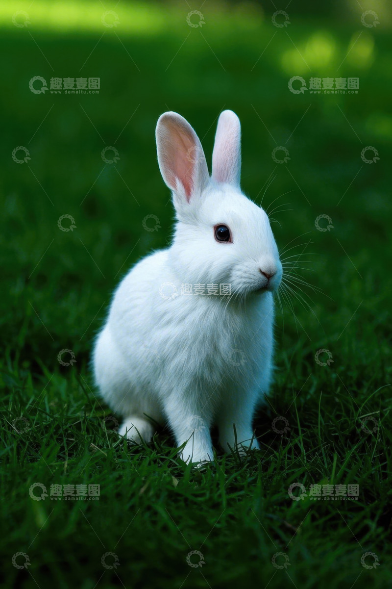高清大图下载【趣麦麦图】草地上的白色兔子特写