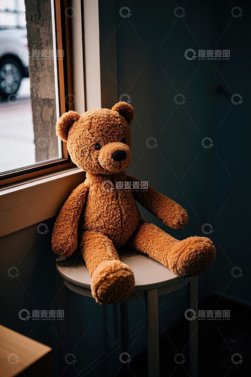 高清大图下载【趣麦麦图】窗边座椅上的棕色泰迪熊玩具