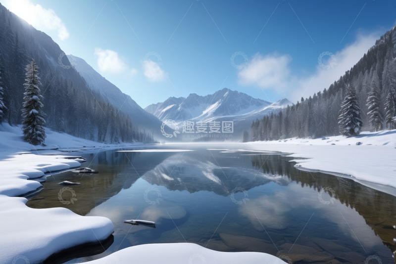 高清大图下载【趣麦麦图】雪山森林间的宁静湖泊雪景