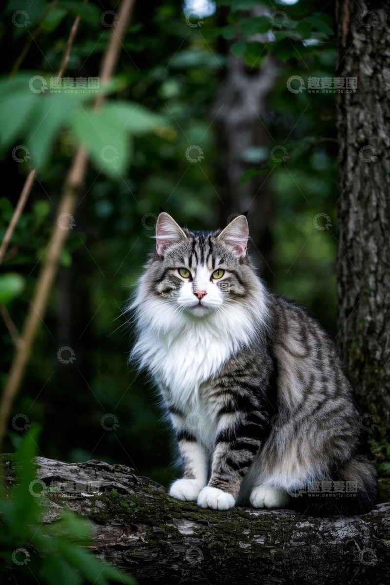 高清大图下载【趣麦麦图】森林中坐着的长毛斑纹猫