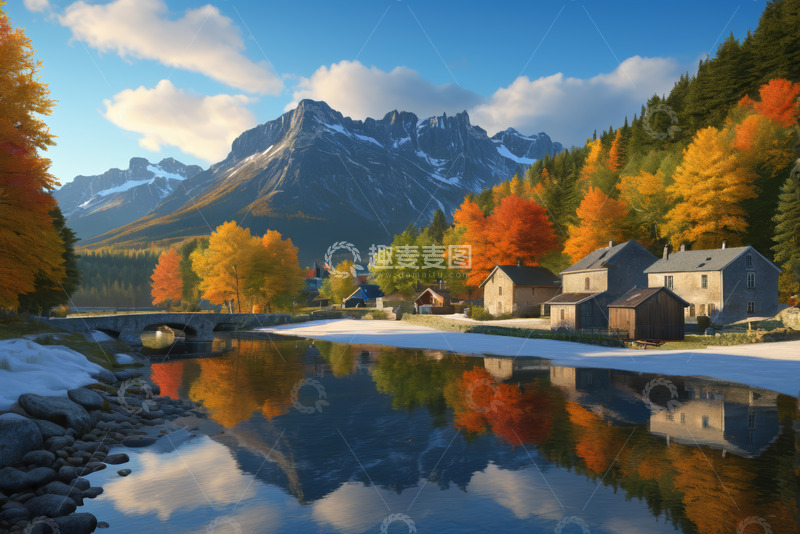 高清大图下载【趣麦麦图】秋日山间湖泊与村庄景致