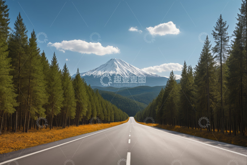高清大图下载【趣麦麦图】公路旁森林与远处雪山景观