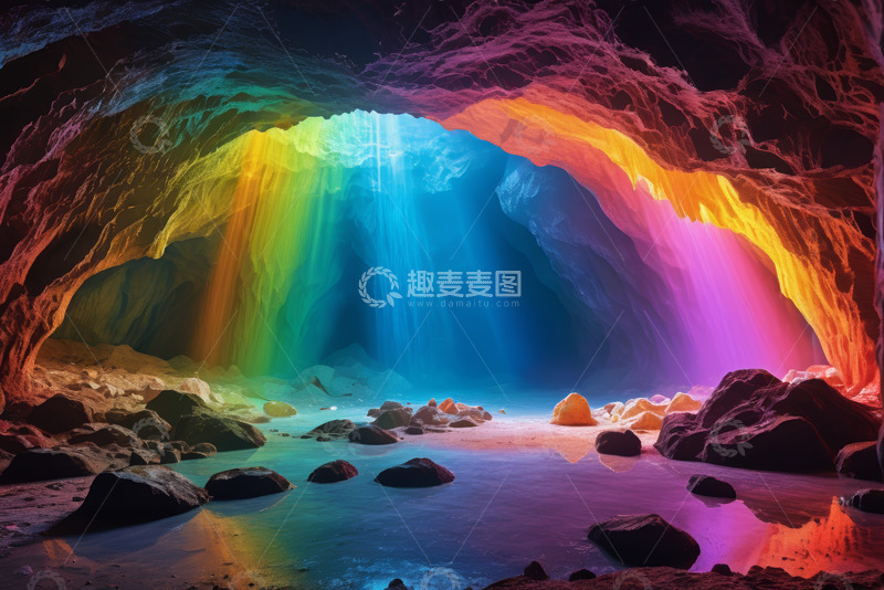 高清大图下载【趣麦麦图】彩虹光线下的洞穴景观