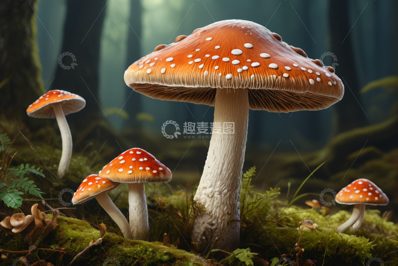 高清大图下载【趣麦麦图】森林中的橙白斑点蘑菇
