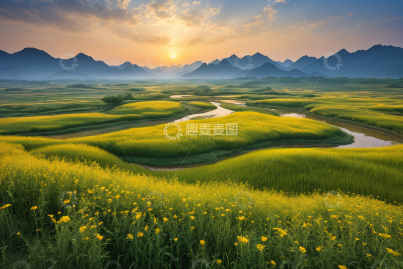 高清大图下载【趣麦麦图】夕阳下的油菜花田与远山景观
