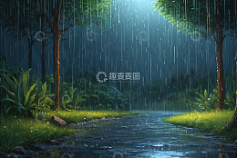 雨中森林小路自然景观