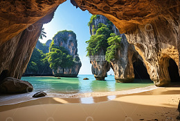 洞穴视角下的海滩与海蚀柱景观