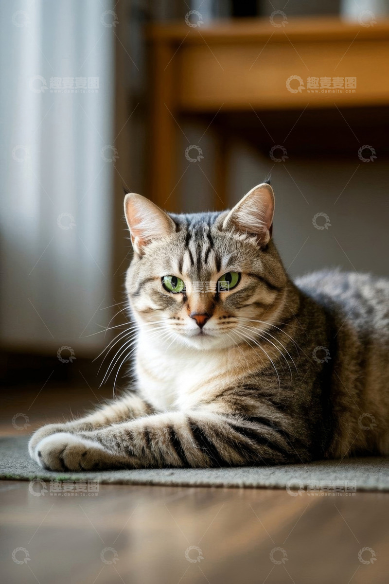 高清大图下载【趣麦麦图】室内趴卧的虎斑猫