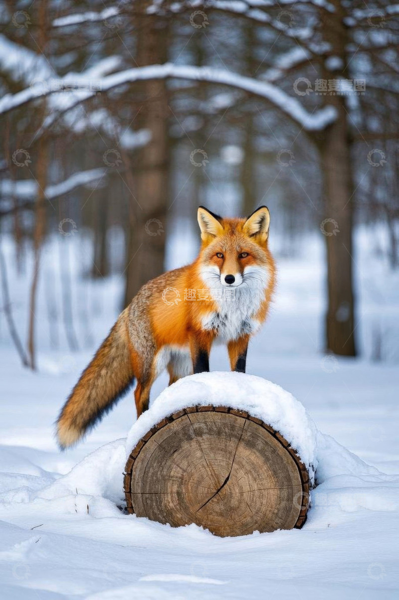 高清大图下载【趣麦麦图】雪地里站立在树桩上的狐狸
