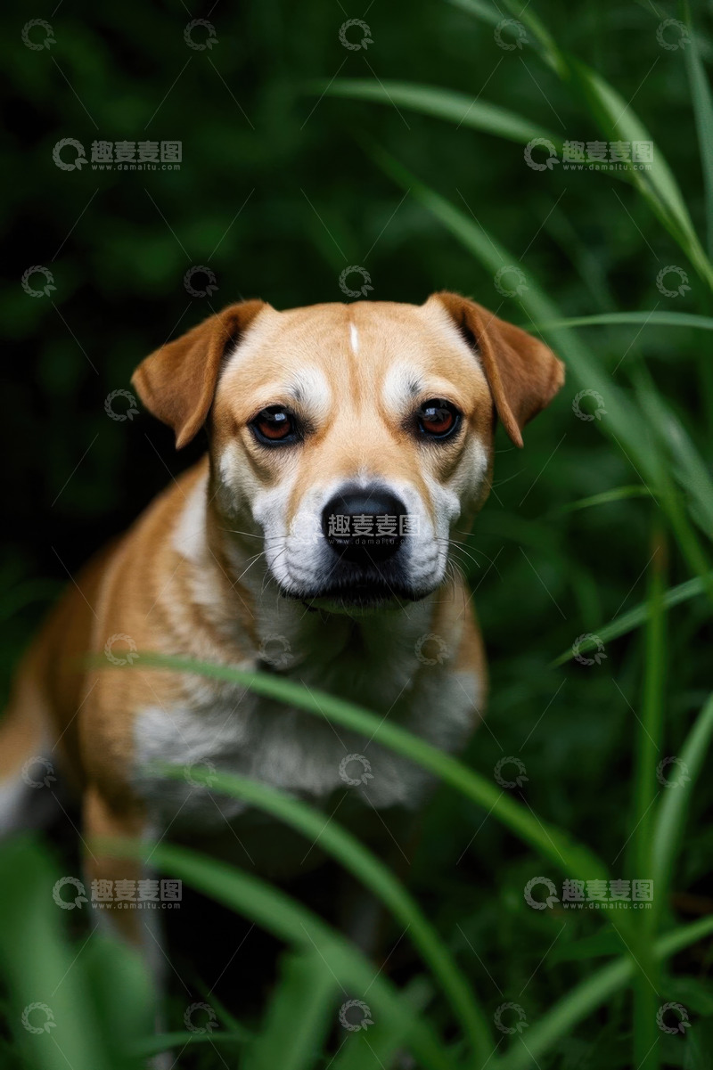 高清大图下载【趣麦麦图】草丛中的棕色小狗特写