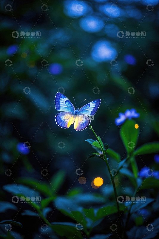 蓝色蝴蝶停驻植物特写