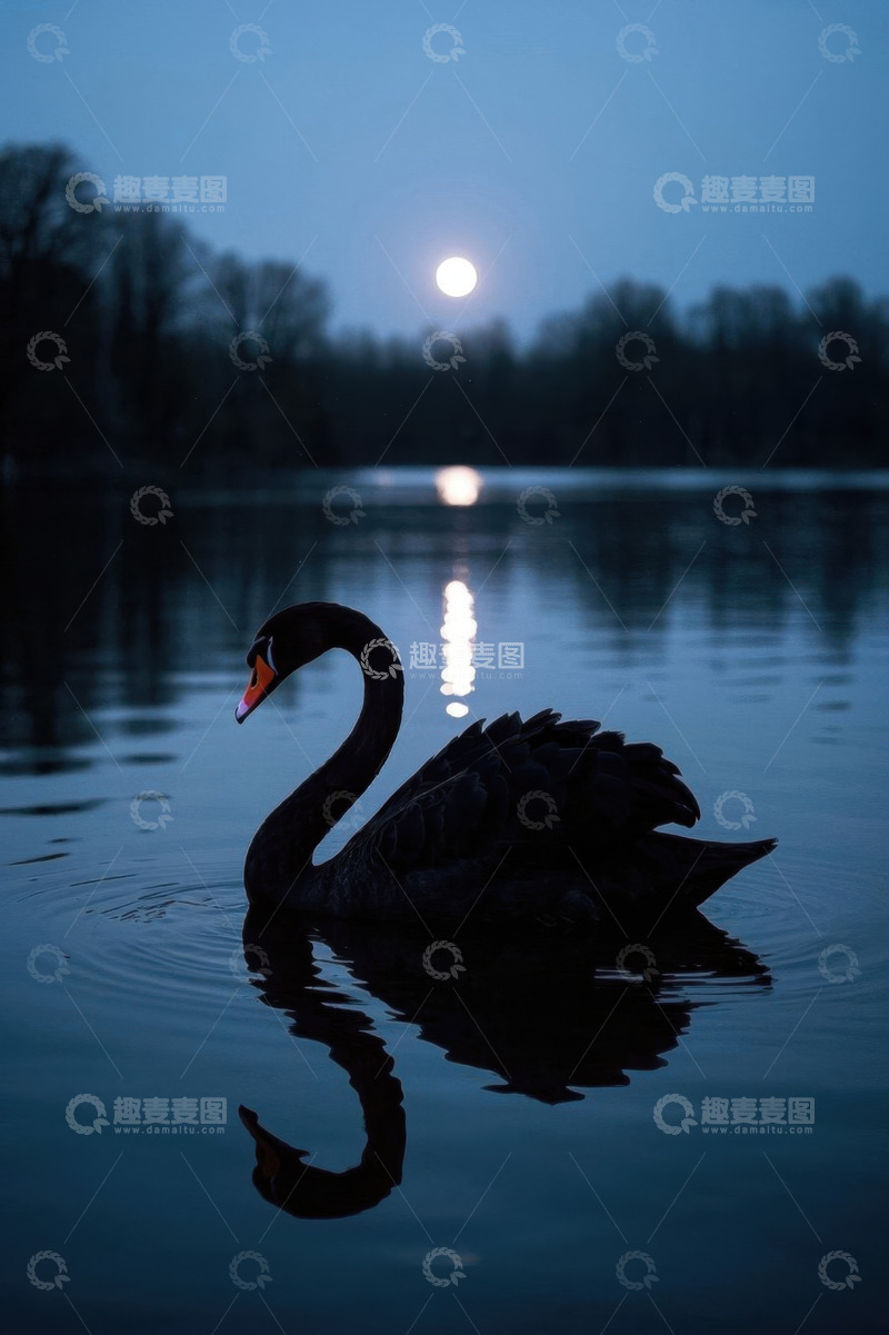 高清大图下载【趣麦麦图】月夜下湖面的黑天鹅