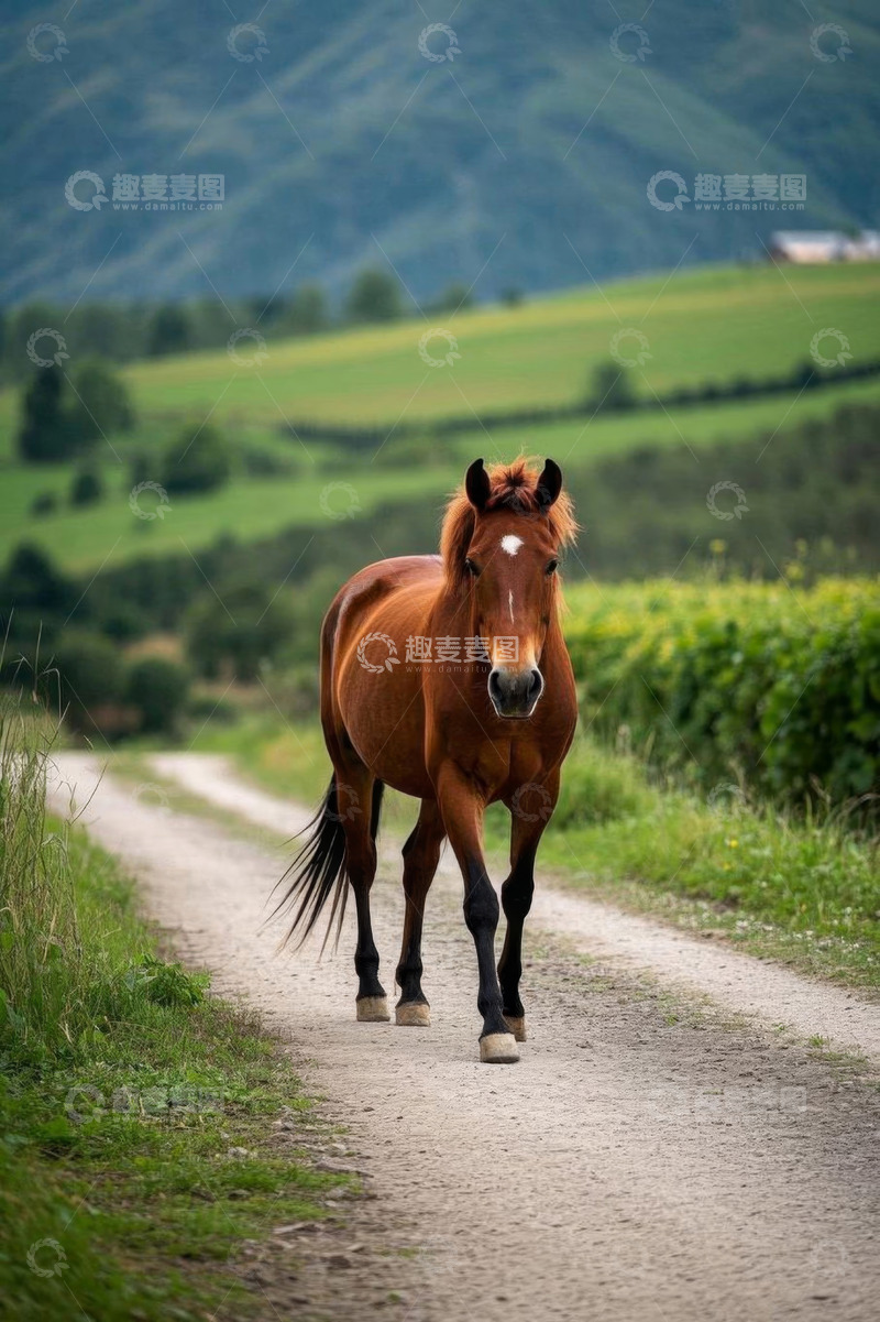 高清大图下载【趣麦麦图】乡间小道上行走的棕色骏马