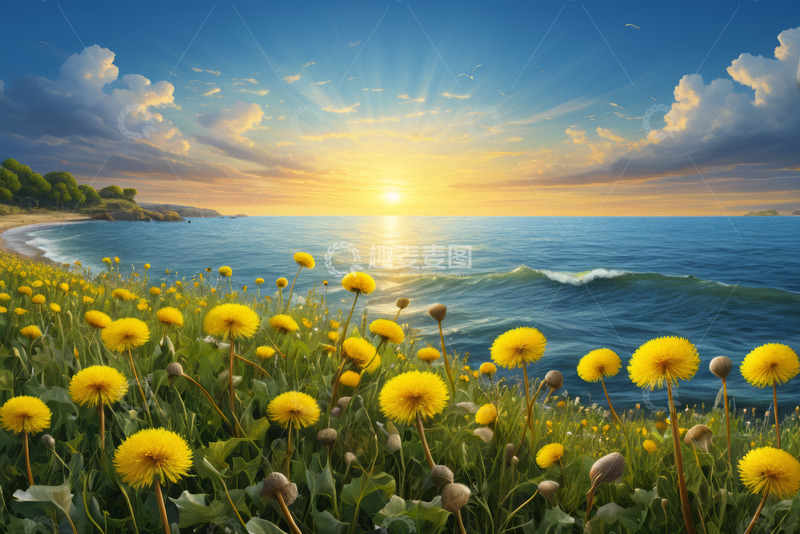 高清大图下载【趣麦麦图】海边日出蒲公英风景