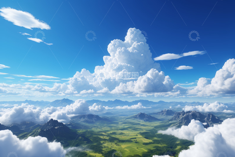 高清大图下载【趣麦麦图】蓝天白云下的山峦草原景观