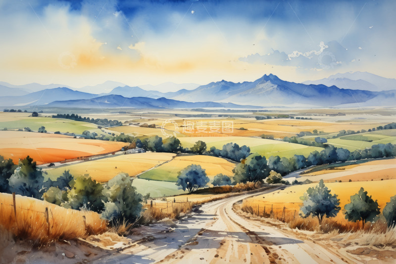 高清大图下载【趣麦麦图】田园风光水彩画乡村道路景色
