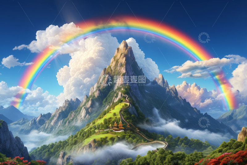 高清大图下载【趣麦麦图】山间彩虹与建筑自然风光