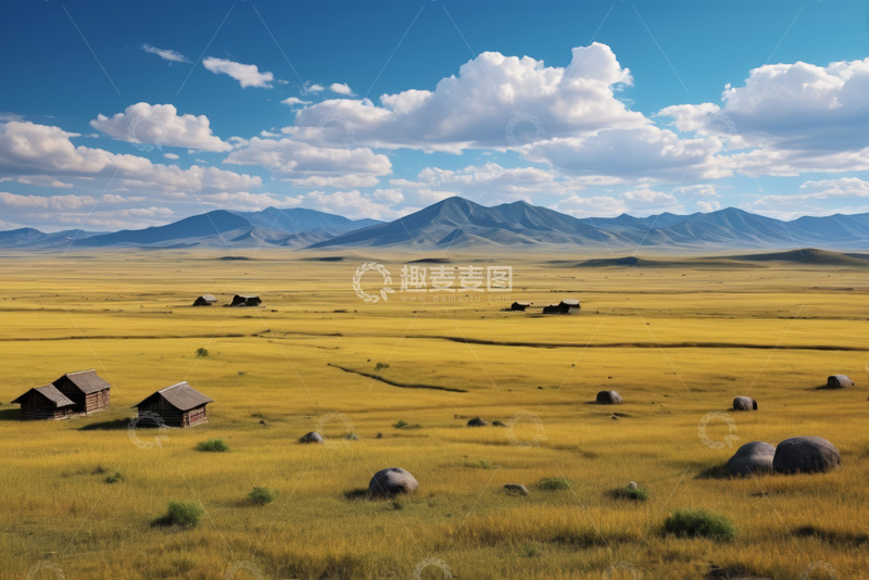高清大图下载【趣麦麦图】广袤草原与远山及木屋景观