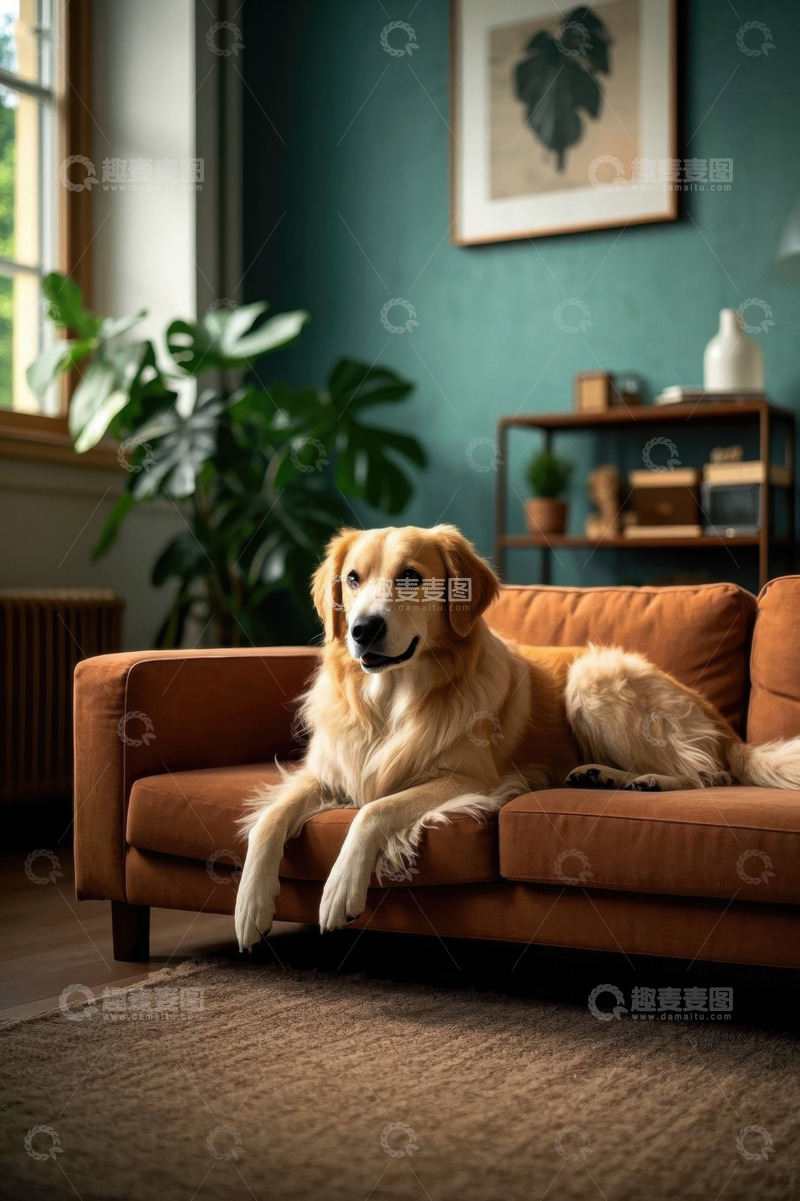 高清大图下载【趣麦麦图】室内沙发上休憩的金毛犬