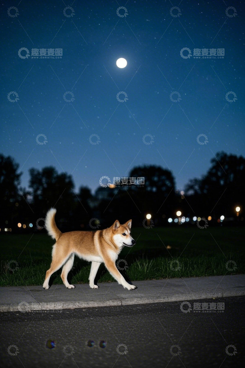 高清大图下载【趣麦麦图】月夜下散步的柴犬