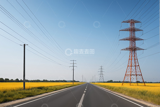 公路旁田野上的高压输电塔