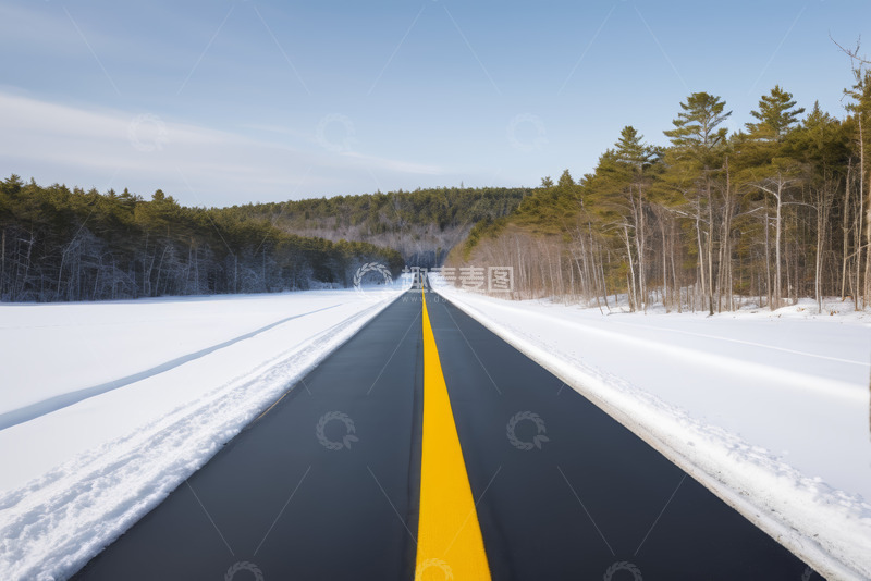 高清大图下载【趣麦麦图】冬季雪覆道路与森林景象