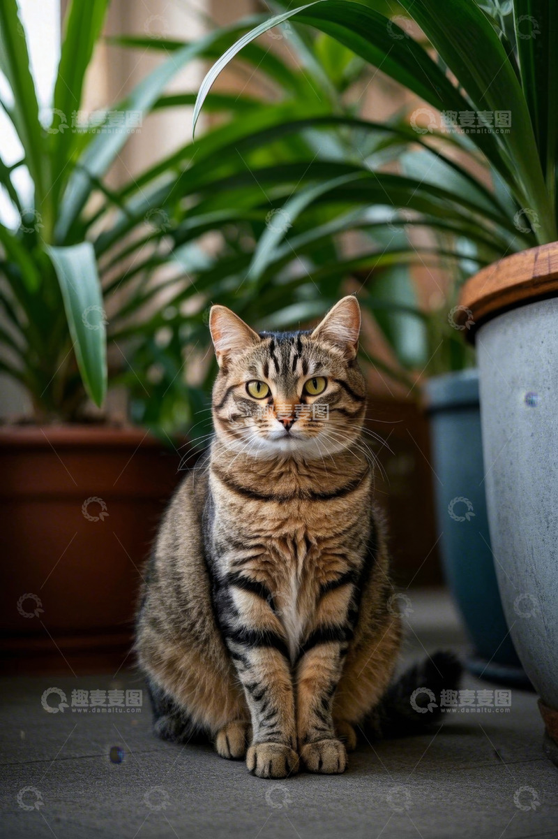 高清大图下载【趣麦麦图】室内盆栽旁坐着的虎斑猫