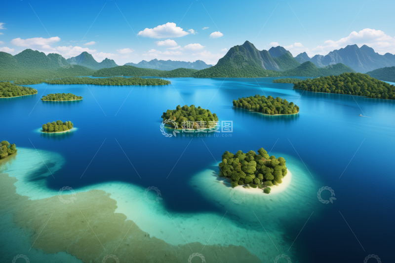 高清大图下载【趣麦麦图】湖泊群山环绕绿色小岛景观